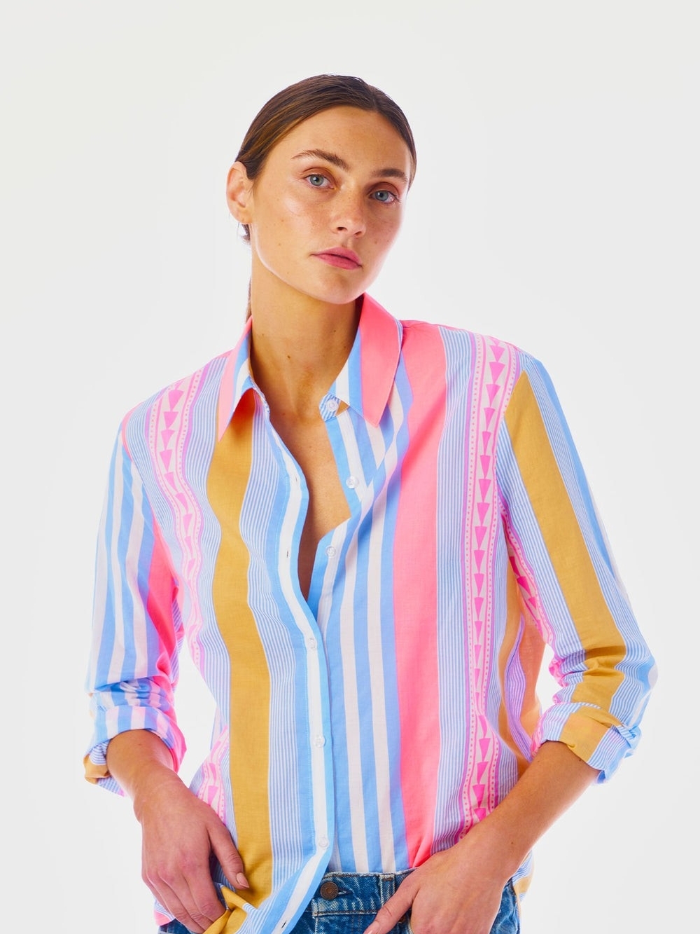 Le Superbe Goa Stripe Boyfriend Shirt Size 2 Cotton Button Up Surf Stripe